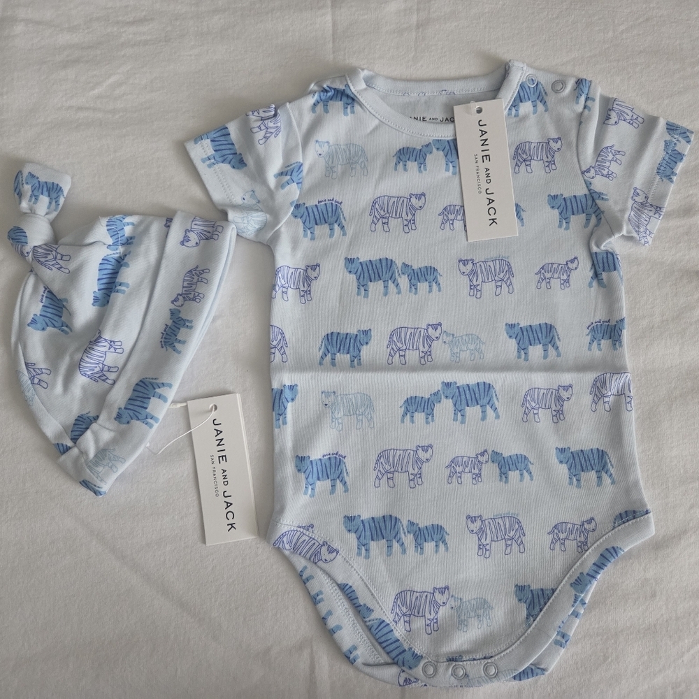 Janie and Jack Blue Tiger Baby Onesie with Hat